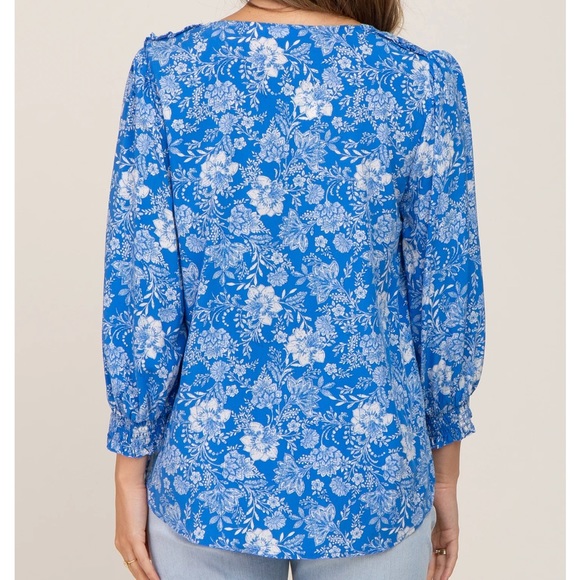 Pinkblush Blue Floral Paisley Button Front 3/4 Sleeve Maternity Top - Picture 5 of 13